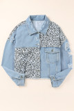 Sky Blue Plus Size Leopard Ripped Cropped Denim Jacket
