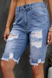 Sky Blue Ripped Tassel Bermuda Jean Shorts