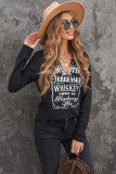 Black Split Neck Letter Print Pullover Long Sleeve Top
