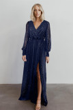 Blue Side Split Rhinestone V Neck Maxi Dress