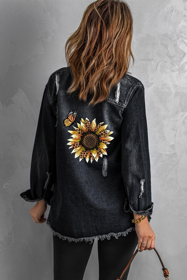Sunflower Print Distressed Pocket Raw Hem Denim Jacket