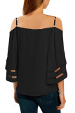 Black Spaghetti Straps Cold Shoulder Mesh Insert Bell Sleeve Blouse