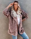 Hooded Plush Wool Coat With Pockets