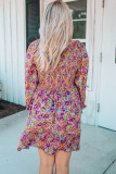 Purple Smocked V Neck Puffy Sleeve Floral Dress