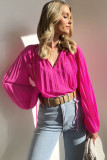 Rose Pleated Bead String Tie V Neck Blouse