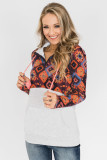 Orange Boho Print Color Block Patchwork Zip Collar Sweatshirt