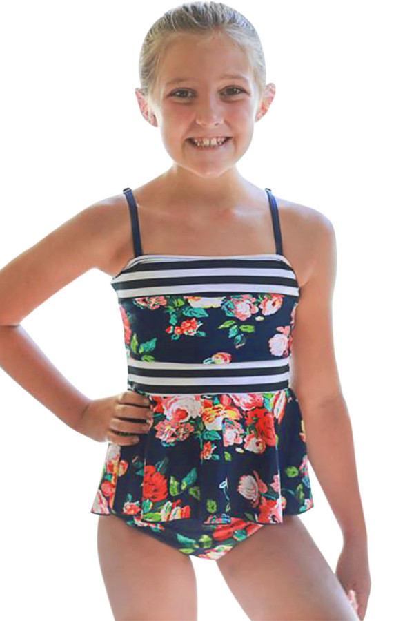 Blue Navy Floral Print Peplum Little Girls Swimsuit