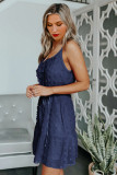 Blue Swiss Dot Spaghetti Drawstring Mini Dress
