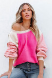 Rose Colorblock Long Sleeve Pullover Fleece Sweatshirt