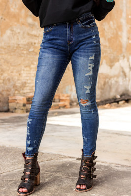 Blue Wash Distressed Skinny High Waist Jeans