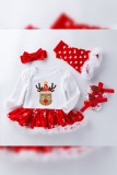 Baby Girl Christmas Print Romper with Socks Shoes and Bow Shoes 4pcs Set