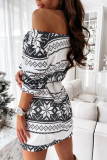 White Christmas Pattern Print Lace-up Long Sleeve Mini Dress