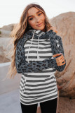 Leopard Striped Color Block Zip Pocket Pullover Hoodie