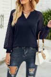 Lace Crochet Sleeves V Neck Waffle Knit Top