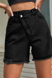 Plain Crossover Waist Mid Length Denim Shorts