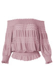 Pink Off Shoulder Ruffle Long Sleeve Smocked Waist Lace Crochet Blouse