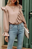 Puff Sleeves Plain Pleated Ruffle Blouse