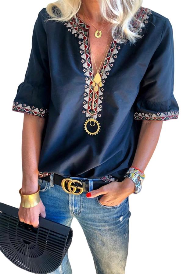 Blue Boho Floral V Neck Casual Top