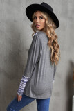 Gray Aztec Patch Button V Neck Blouse