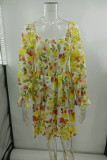 Floral Print Long Puff Sleeve Ruffle Mini Dress