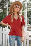 Red Short Sleeves Drape Knit Top
