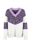 Leopard Splicing V Neck Long Sleeve Knit Sweater