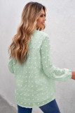 Green Ruffled Split Neck Lace Hollow Out Puff Sleeve Polka Dot Blouse