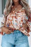 Multicolor Pattern Print Ruffled Pleated Long Sleeve Blouse