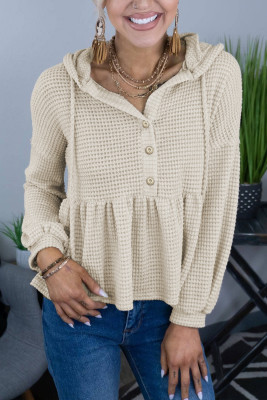 Apricot Waffle Knit Buttons Ruffled Hooded Top