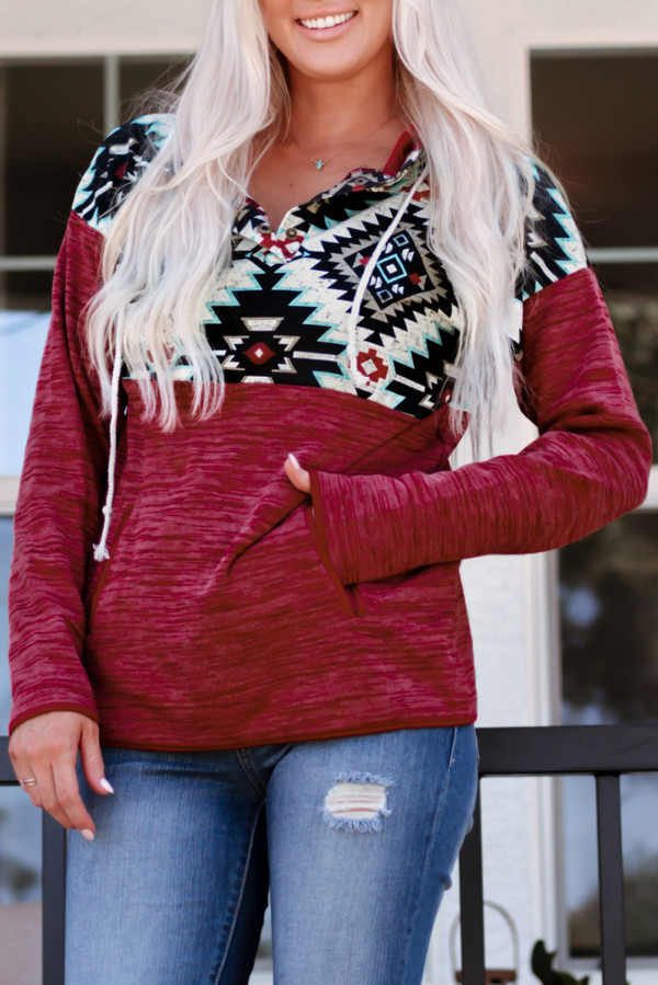 Red Tribal Geometric Print Hoodies with Pocket