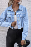 Blue Open Front Button Pocket Short Length Denim Jackets