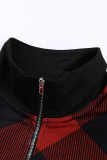 Red Plaid Color Block Zipper Turn Down Collar Long Sleeve Top
