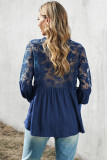 Blue V Neckline Lace Shoulder Patchwork Blouse