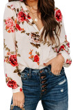 Beige Floral Print V Neck Button Down Blouse