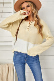 Khaki Splicing Buttoned Knitted Long Sleeve Sweater