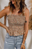 Khaki Floral Print Tie Straps Smocked Peplum Vest