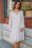 White Split Neck Floral Print Long Sleeve Swing Dress