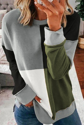 Green Color Block Round Neck Long Sleeves Pullover Sweatshirt