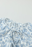 Sky Blue Printed Long Sleeve V-Neck Drawstring Shirt
