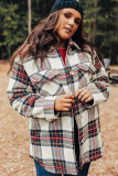 White Plaid Print Flap Pockets Plus Size Jacket