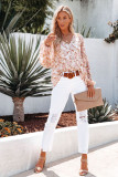 White Floral Print V Neck Long Puff Sleeve Top