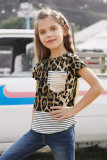 Leopard Print Splicing Stripes Girls’ T-shirt