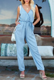 Sky Blue Pocketed Chambray Sleeveless Jumpsuit