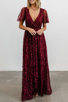 Burgundy Embossed Wrap V Neck Maxi Dress