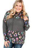 Gray Cowl Neck Waffle Colorful Leopard Patchwork Plus Size Sweatshirt