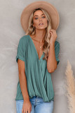 Green Short Sleeves Drape Knit Top