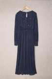 Blue Side Split Rhinestone V Neck Maxi Dress