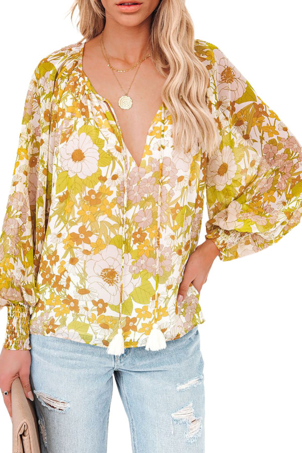 Yellow Tasseled Drawstring V Neck Floral Bibshop Sleeve Blouse