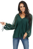 Swiss Dot Lace-up V Neck Long Sleeve Top