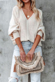 V Neck Long Sleeve Cable Knit Sweater